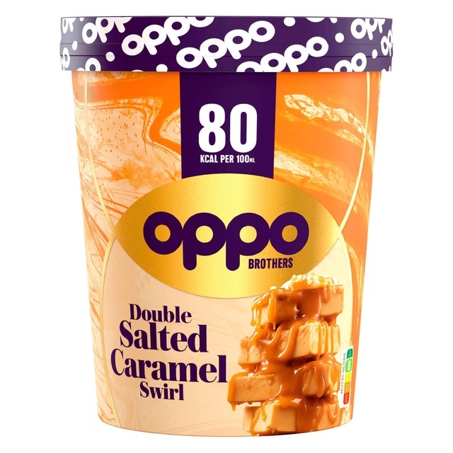 Oppo double salted caramel swirl ice cream 475ml, imported from the UK