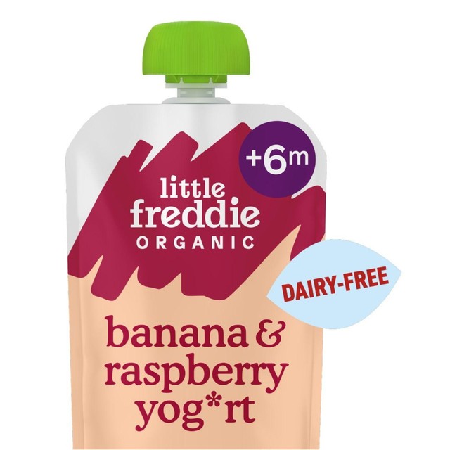 Little Freddie dairy free banana and raspberry yoghurt pouch 90g, UK version