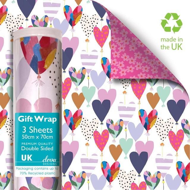 Deva Designs Hearts Double Sided Gift Wrap 3-Pack, UK version