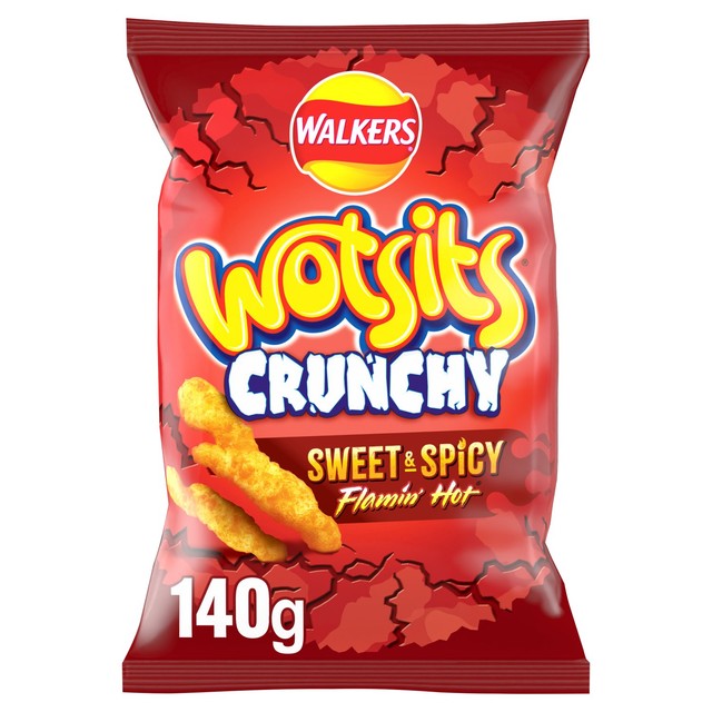 Wotsits Crunchy Sweet & Spicy Flamin' Hot corn puff snacks 140g (British brand)