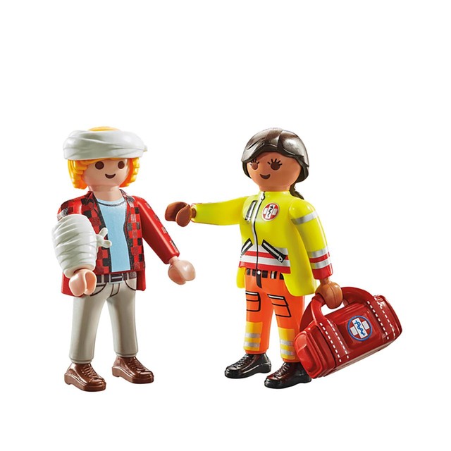 Playmobil medic and injured person toy set, imported from the UK
