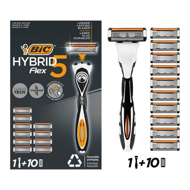 BIC Hybrid 5 Flex men's shaver kit with 10 refills - British product