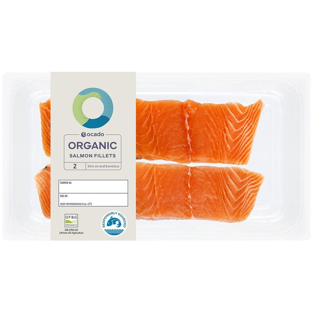 Ocado Organic Salmon Fillets Skin On Boneless 240g, imported from the UK