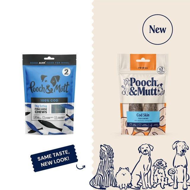 Pooch & Mutt long-lasting fish hide chews 90g, imported from the UK