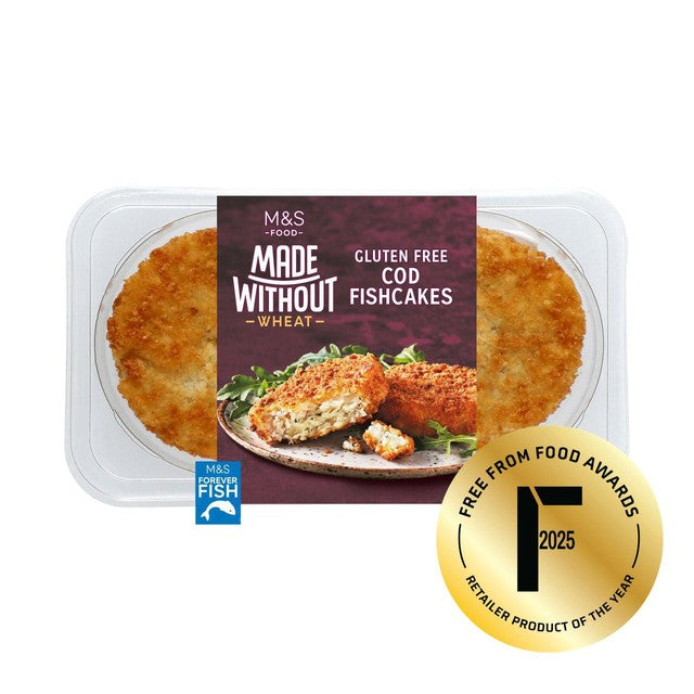 M&S gluten-free cod fishcakes 170g, imported from the UK