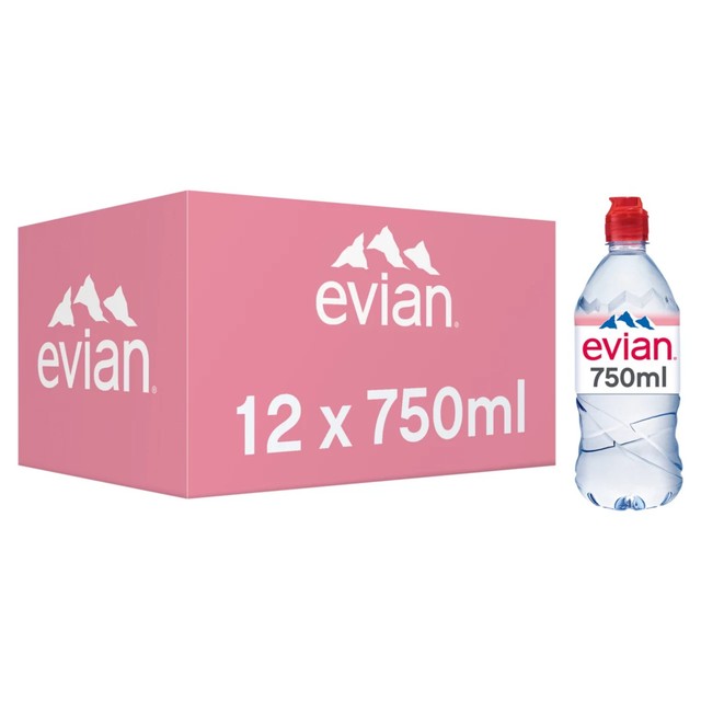 Evian Still Natural Mineral Water multipack with sports cap, 12 x 750ml - British product