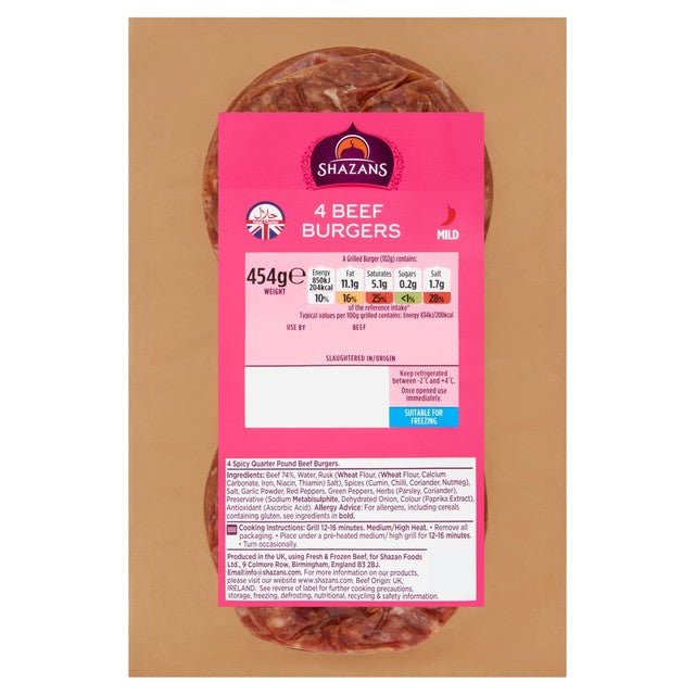 Shazan spicy quarter pound beef burgers 454g (British brand)
