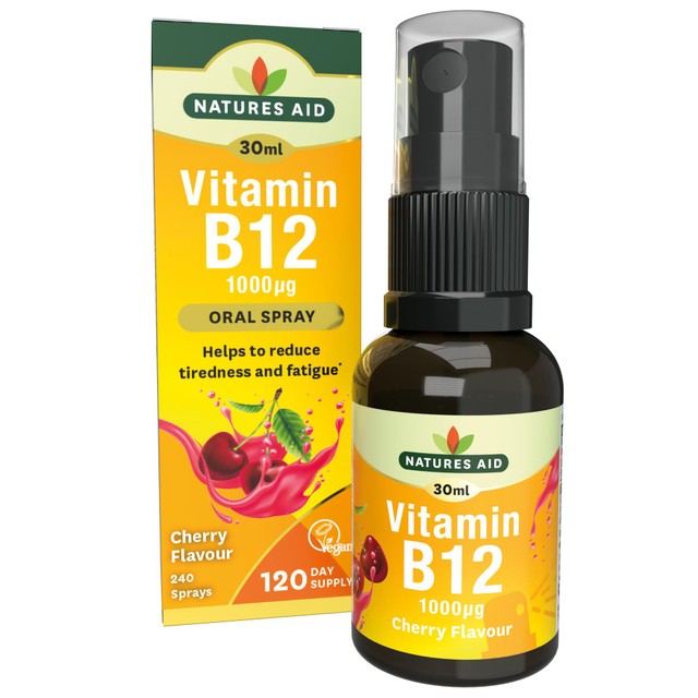 Natures Aid Vitamin B12 oral spray cherry flavour 30ml, imported from the UK