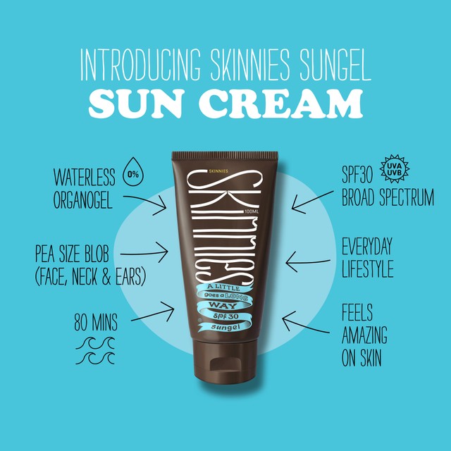Skinnies SPF 30 Sunscreen Sungel Vegan 100ml (British brand)