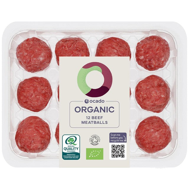 Ocado organic beef meatballs 12 pack 336g, imported from the UK
