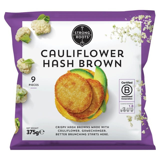 Strong Roots cauliflower hash browns 375g (British brand)