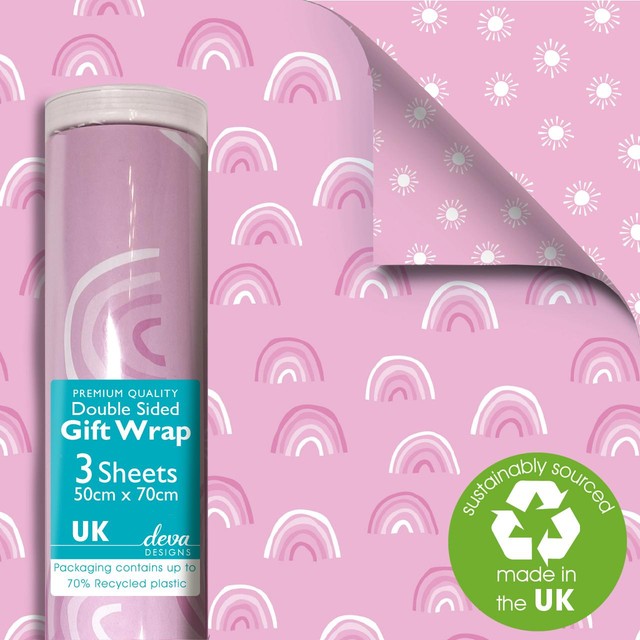 Deva Designs Pink Rainbow Double Sided Gift Wrap Sheets 3 Sheets, 50cm x 70cm, imported from the UK