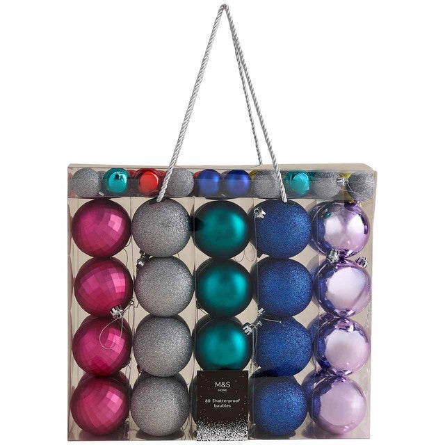 M&S shatterproof bright multicoloured baubles 80 pack, imported from the UK