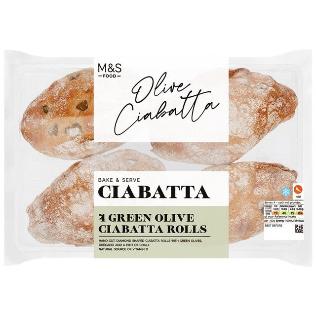 M&S green olive ciabatta rolls 4 x 75g, imported from the UK