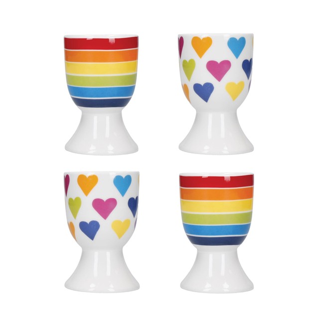 KitchenCraft ceramic egg cup set with rainbow stripes and heart pattern, UK version