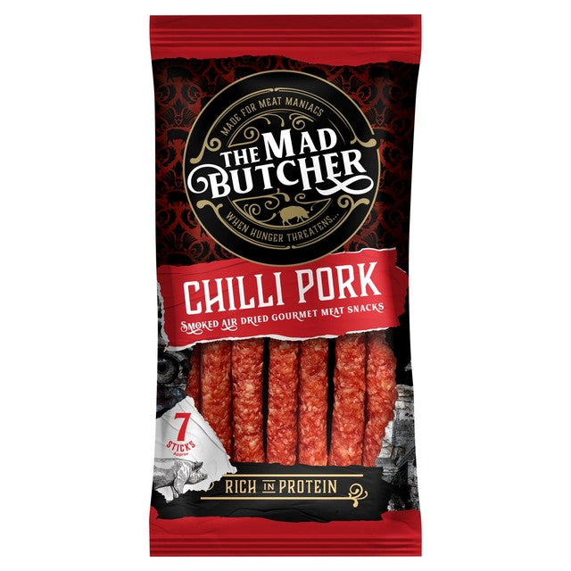 The Mad Butcher chilli pork salami sticks 70g, imported from the UK