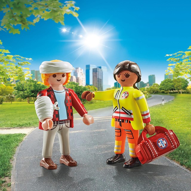 Playmobil medic and injured person toy set, imported from the UK