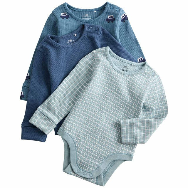 M&S car print baby bodysuits long sleeve 3-pack, imported from the UK