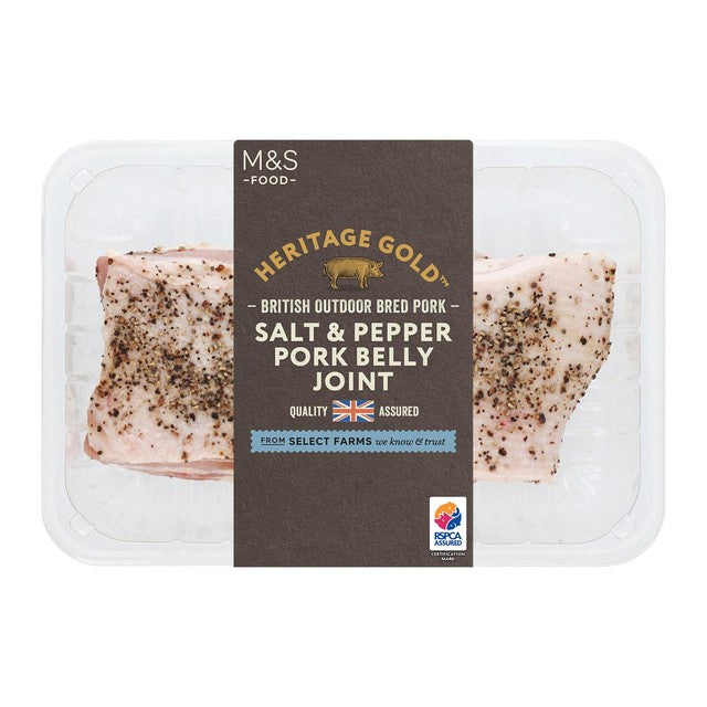 M&S salt and pepper pork belly joint 720g, imported from the UK