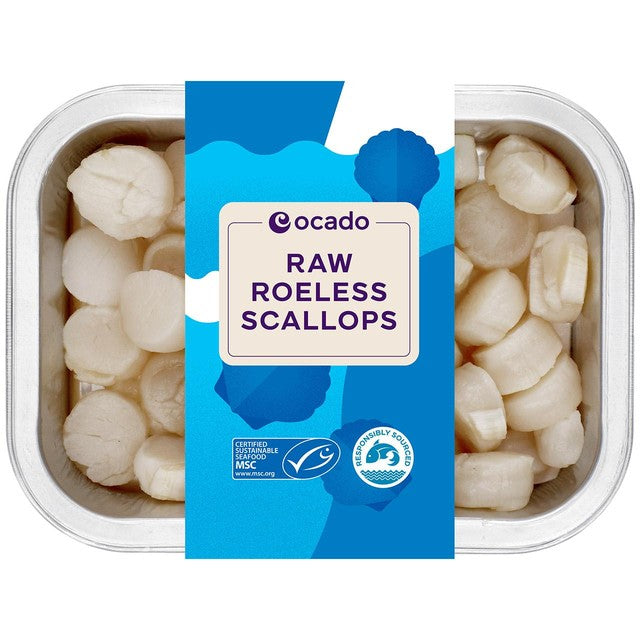 Ocado raw roeless scallops 150g, imported from the UK