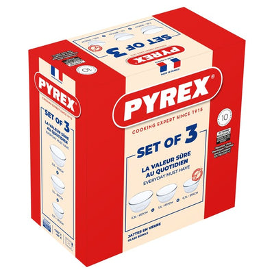 Pyrex Mixing Bowl Set Glass 3 Pack 2.3L + 1.1L + 0.7L