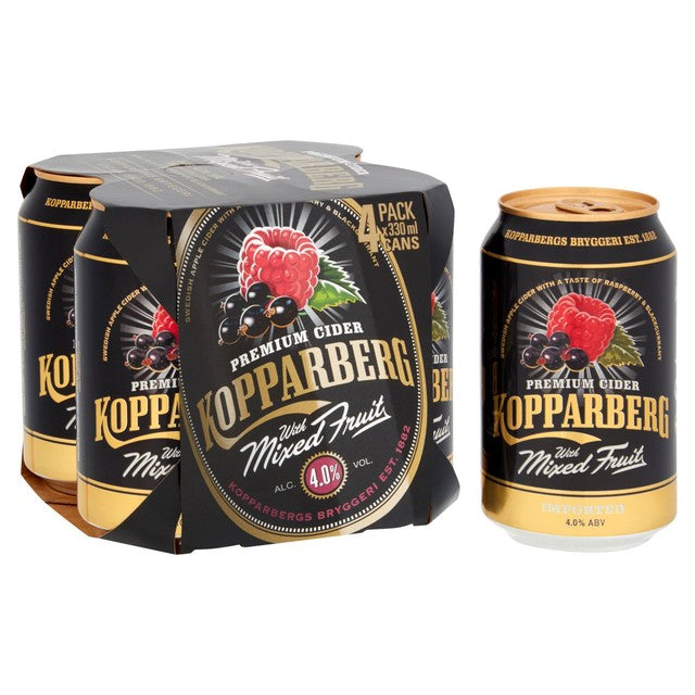 Kopparberg Mixed Fruit Cider with raspberry and blackcurrant flavour in 4 x 330ml cans, UK version