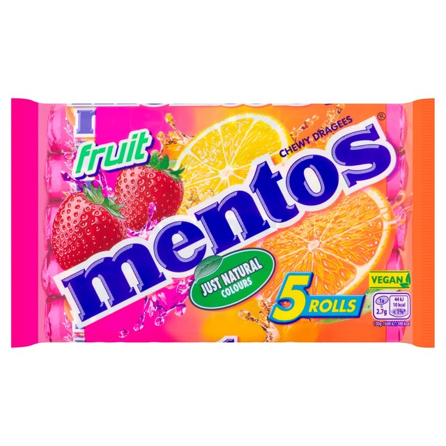 Mentos chewy fruit sweets in strawberry, lemon, and orange flavours 5 x 38g multipack, imported from the UK