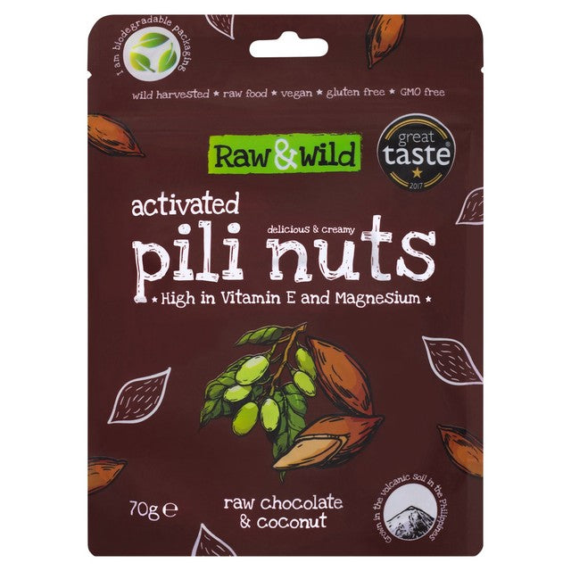 Raw & Wild Pili Nuts Chocolate Coconut 70g, imported from the UK