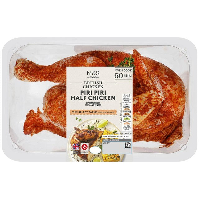 M&S piri piri half chicken 879g, imported from the UK