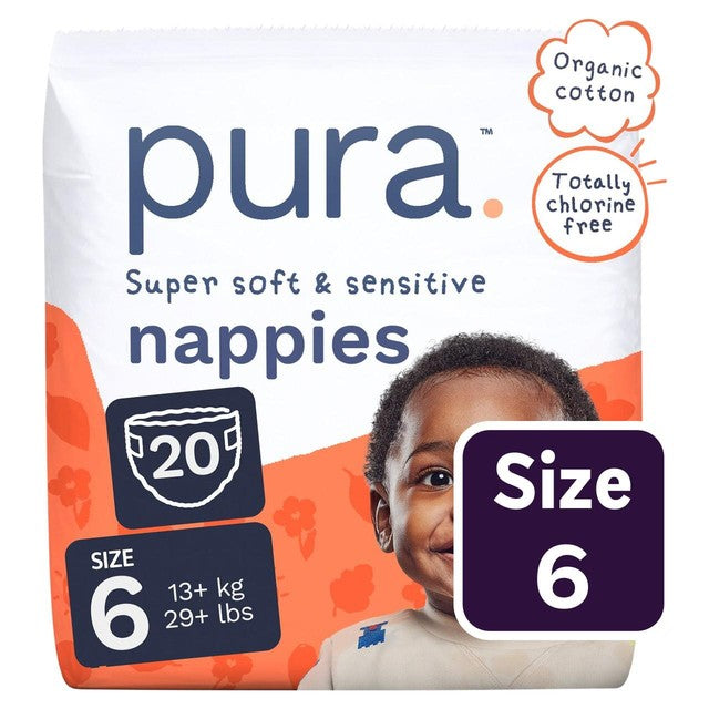 Pura Size 6 disposable nappies, imported from the UK