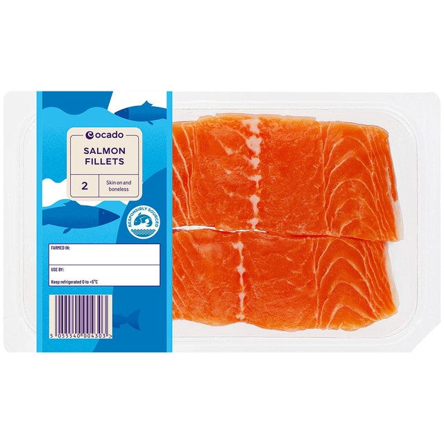 Ocado salmon skin on mid/tail fillets 240g, imported from the UK