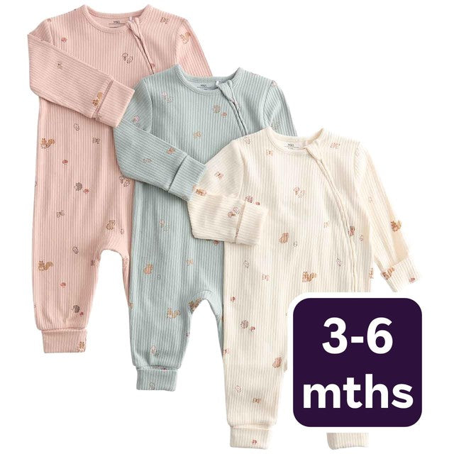 M&S girls cotton-rich woodland print sleepsuits ivory 3-6 months, imported from the UK