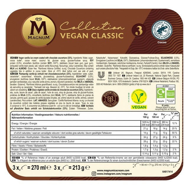 Magnum Vegan Classic ice cream sticks 3 x 90ml, imported from the UK