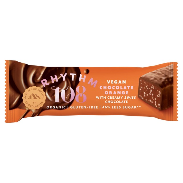 Rhythm 108 vegan orange dark chocolate bar 33g, imported from the UK