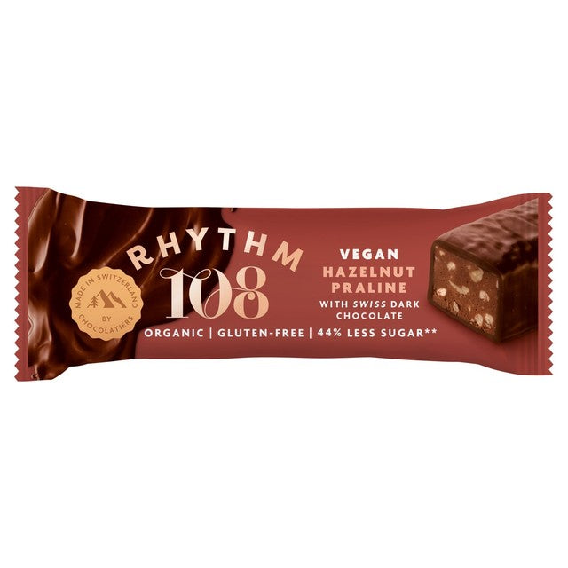 Rhythm 108 vegan hazelnut praline chocolate bar 33g, imported from the UK
