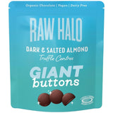 Raw Halo dark almond vegan chocolate buttons 90g, imported from the UK