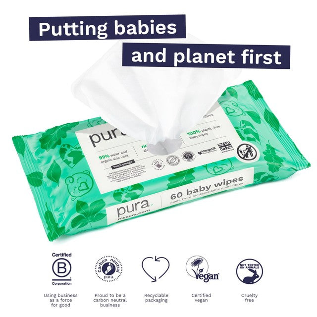 Pura plastic free baby wipes, imported from the UK