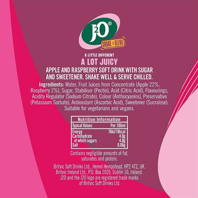 J2O Apple and Raspberry soft drink 4 x 275ml, UK version