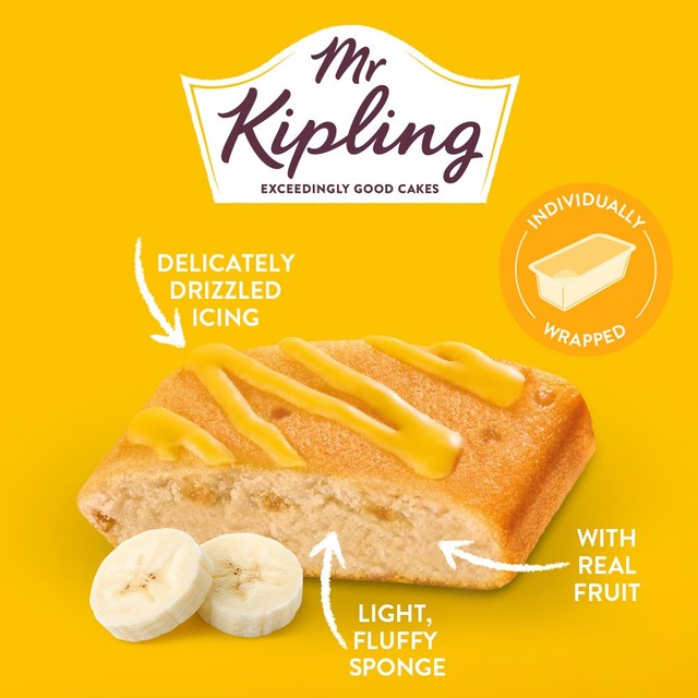 Mr Kipling banana cake slices 4 pack, imported from the UK