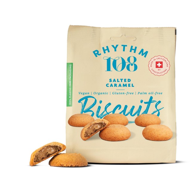 Rhythm 108 Vegan Salted Caramel Filled Biscuits 135g, imported from the UK