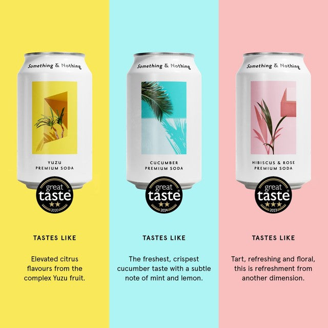 Something & Nothing mixed pack premium soda with Yuzu, Cucumber and Hibiscus & Rose 12x330ml (British brand)