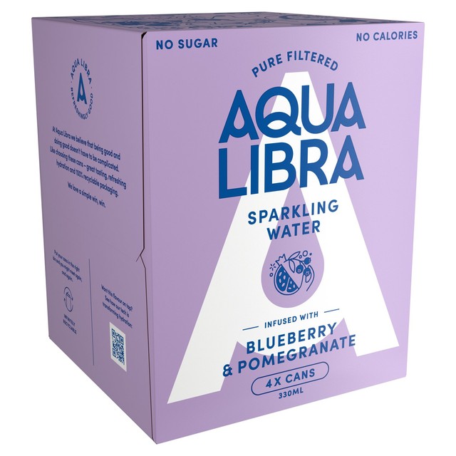Aqua Libra blueberry and pomegranate sparkling water 4x330ml cans - British product
