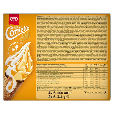 Wall's Cornetto Soft Cornets de Glace Mangue & Chocolat Blanc Pack de 4 x 140 ml