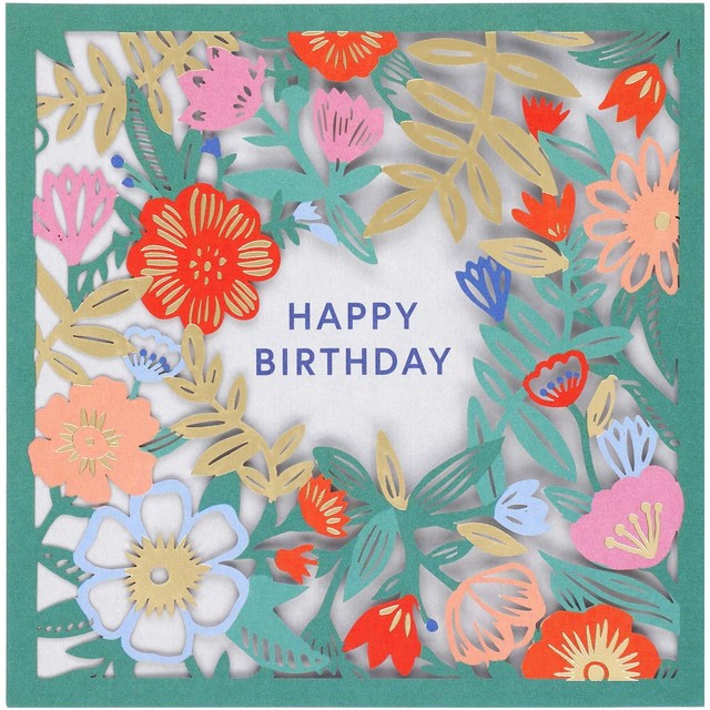 M&S floral laser cut birthday card 15cm by 15cm, imported from the UK