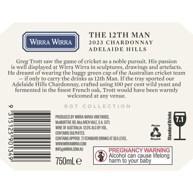 Wirra Wirra 12th Man Adelaide Hills Chardonnay 75cl (British brand)