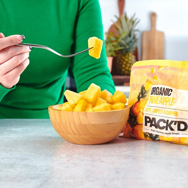 Pack'd organic chopped pineapple 300g, imported from the UK