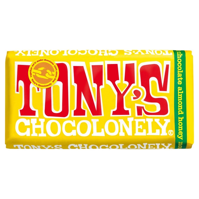 Tony's Chocolonely milk chocolate bar with almond honey nougat 180g (British brand)