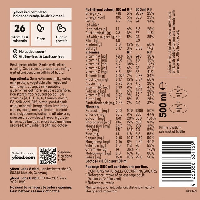 Yfood Classic Chocolate ready-to-drink meal 500ml (British brand)