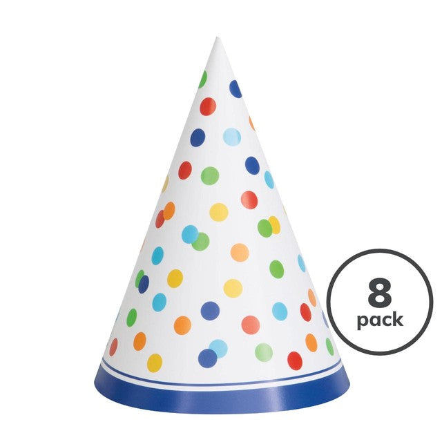 Unique Party Rainbow Polka Dot Party Hat Pack of 8, imported from the UK