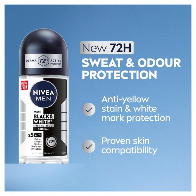 Nivea Black & White Deodorant Roll-On 50ml, imported from the UK